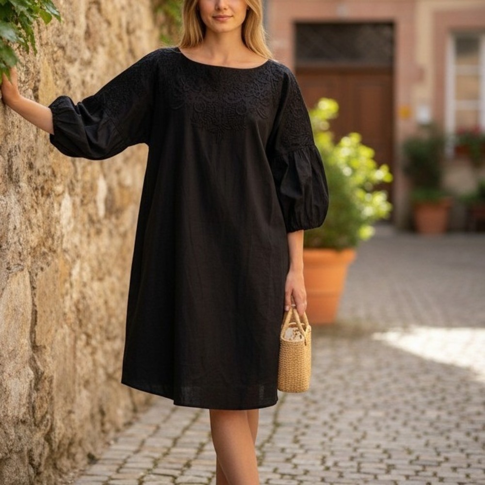 NEW LRL Ralph Lauren Black Embroidered Cotton Shift Dress Boho Cottage Size 10